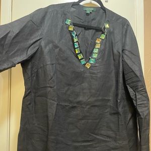 Ralph Lauren Linen Shirt w/ Swarovski stones around front of neck. Size: 1X.